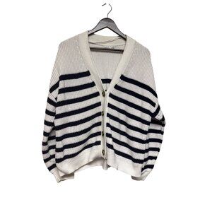 Gap Women's Cardigan Sweater White Blue Stripe Button Closure Knit Cotton XL